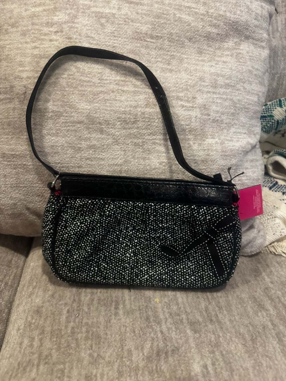 Victoria's Secret Black and White Tweed Shoulder Bag with Faux Croc Trim and Bow